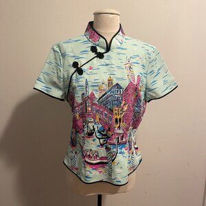 Zara Venice Print Short Sleeve Blouse Shirt Mandarin Collar Women Size Large